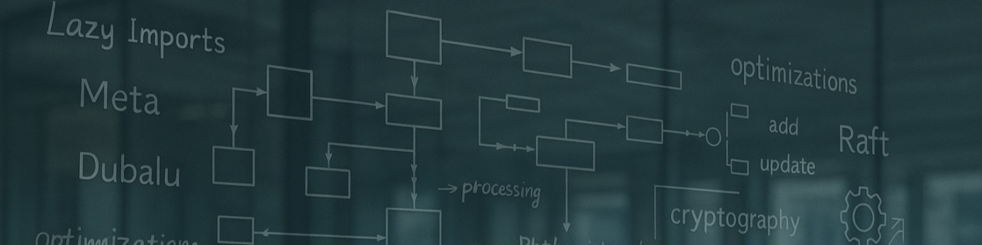 A blackboard montage of my work: Lazy Imports, Meta, Dubalu, optimizations, Raft, cryptography