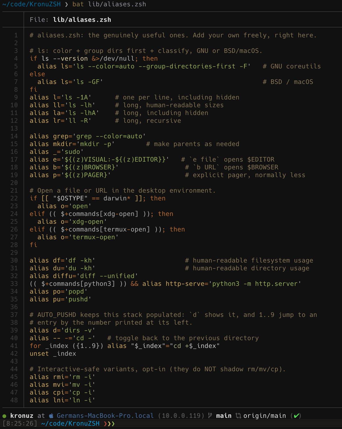 bat rendering lib/aliases.zsh in the Kronuz syntax theme, the same palette shared across bat, delta, eza, and the editor colorschemes.