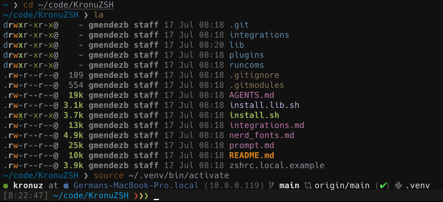 The KronuZSH prompt: the OS glyph, hostname, a clean git segment and a Python venv marker, then the time, working directory, and caret, over a color-coded directory listing.